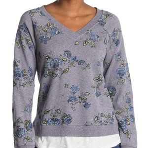 Democracy | Women's Heather Navy Floral Print V-Neck Pullover Sweatshirt Medium